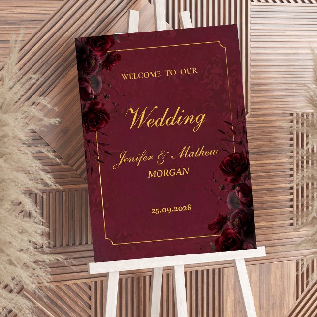 Gothic Romance Burgundy Roses Elegant Welcome Sign (Creator Uploaded)