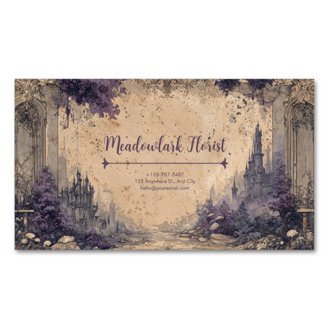 Gothic Romance Fairytale Castle Ruins Magnetic Business Card (Front)