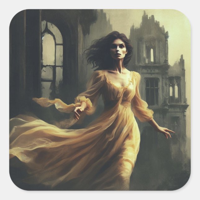Gothic Romance Illustration Spooky Castle Horror Square Sticker (Front)