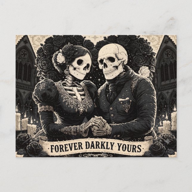 Gothic Romance of Two Skeletons Holding Hands Postcard (Front)