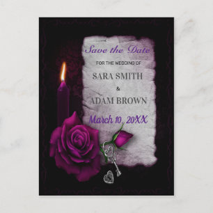 Gothic Romance Save the Date Purple Rose Candle Announcement Postcard