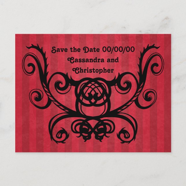 Gothic romance victorian red black save the date announcement postcard (Front)