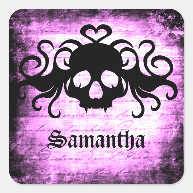 Gothic romantic fanged skull square sticker (Front)