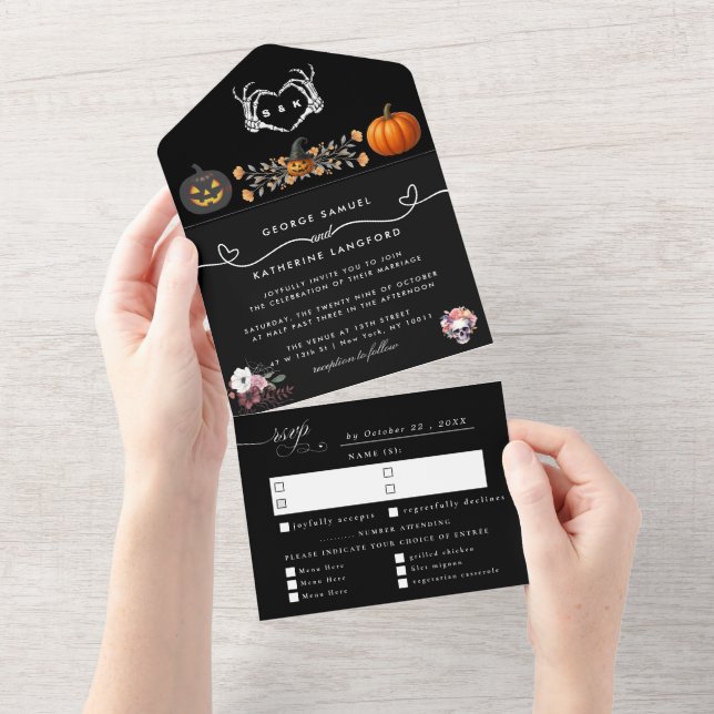 Gothic Romantic Skeleton Hand Halloween Wedding All In One Invitation (Tearaway)