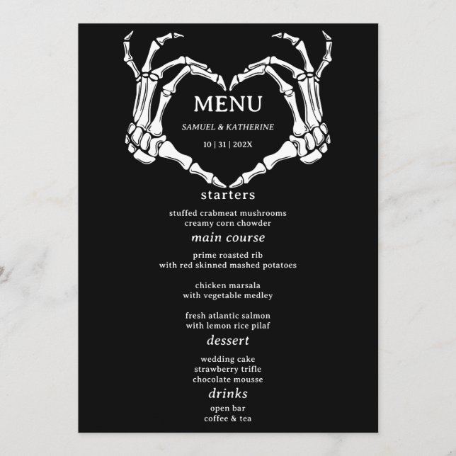 Gothic Romantic Skeleton Hand Halloween Wedding Menu (Front)