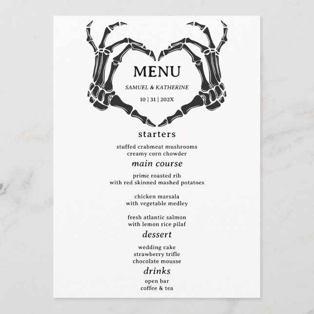 Gothic Romantic Skeleton Hand Halloween Wedding Menu (Front)