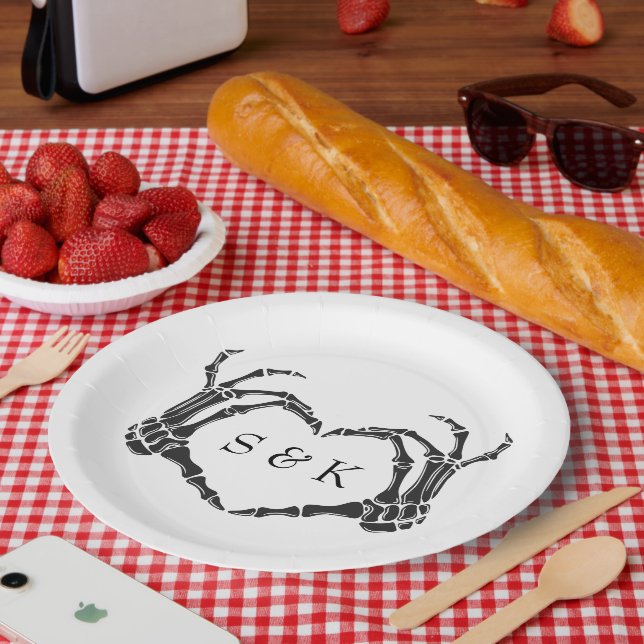 Gothic Romantic Skeleton Hand Halloween Wedding Paper Plate (Picnic)