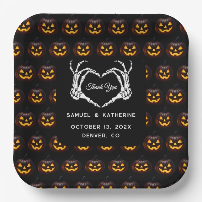 Gothic Romantic Skeleton Hand Halloween Wedding Paper Plate (Front)