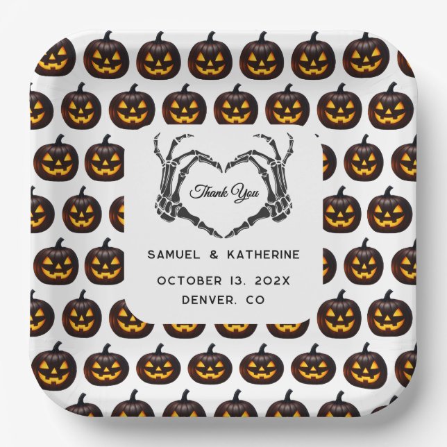 Gothic Romantic Skeleton Hand Halloween Wedding Paper Plate (Front)