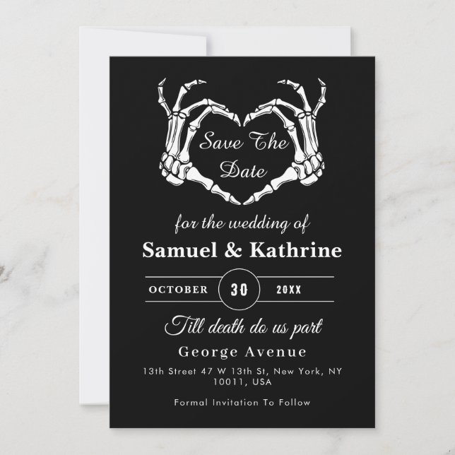 Gothic Romantic Skeleton Hand Halloween Wedding Save The Date (Front)