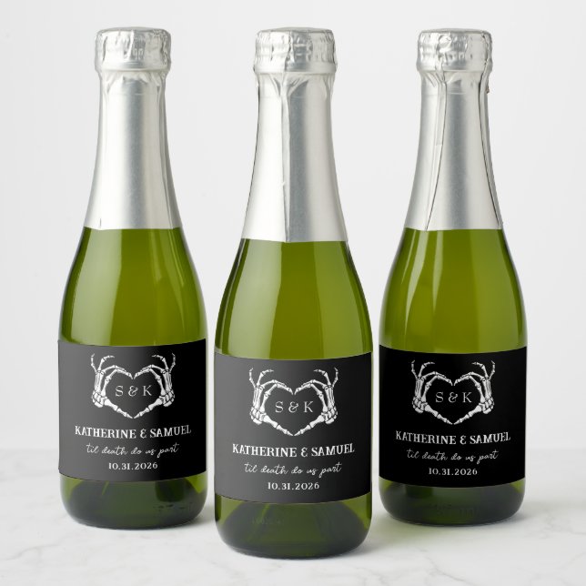 Gothic Romantic Skeleton Hand Halloween Wedding Sparkling Wine Label (Bottles)