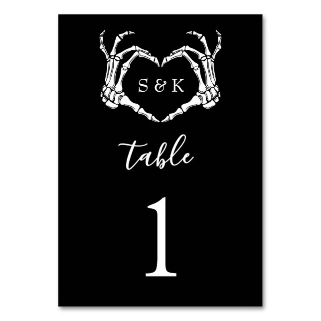 Gothic Romantic Skeleton Hand Halloween Wedding Table Number (Front)