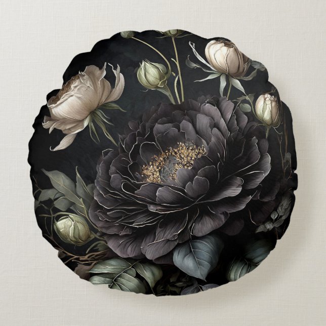  Gothic Rose Arrangement Black Flower Round Cushion (Front)