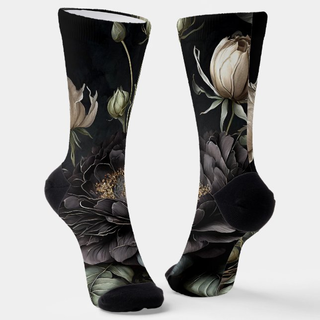  Gothic Rose Arrangement Black Flower Socks (Angled)