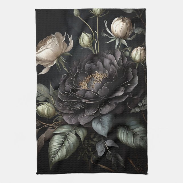  Gothic Rose Arrangement Black Flower Tea Towel (Vertical)