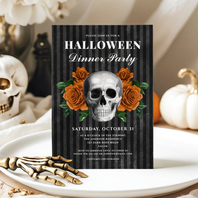 Gothic Roses And Skull Halloween Dinner Party Invitation (Gothic Roses & Skull Halloween Dinner Party Invitation)