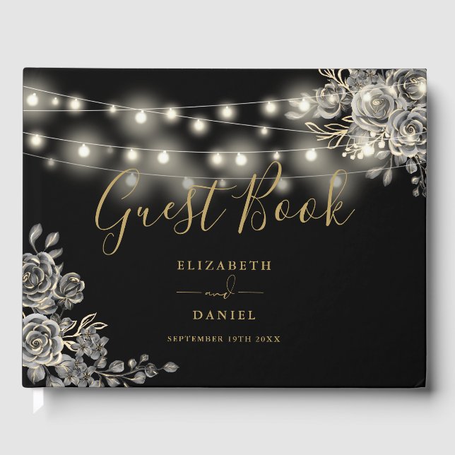 Gothic Roses Black And Gold String Lights Wedding Guest Book (Front)
