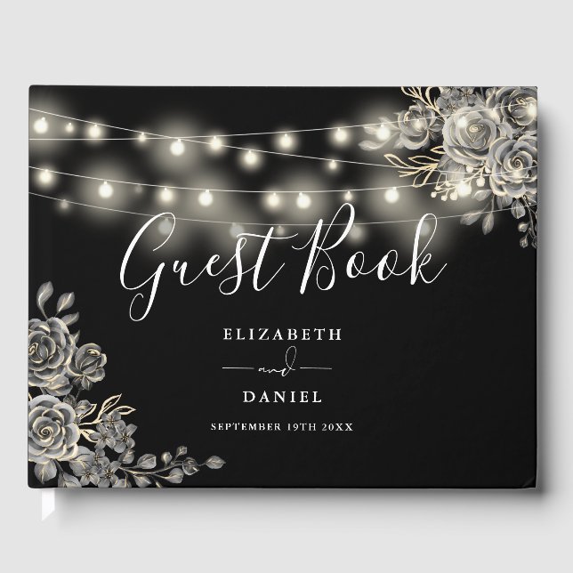 Gothic Roses Black And White String Lights Wedding Guest Book (Front)