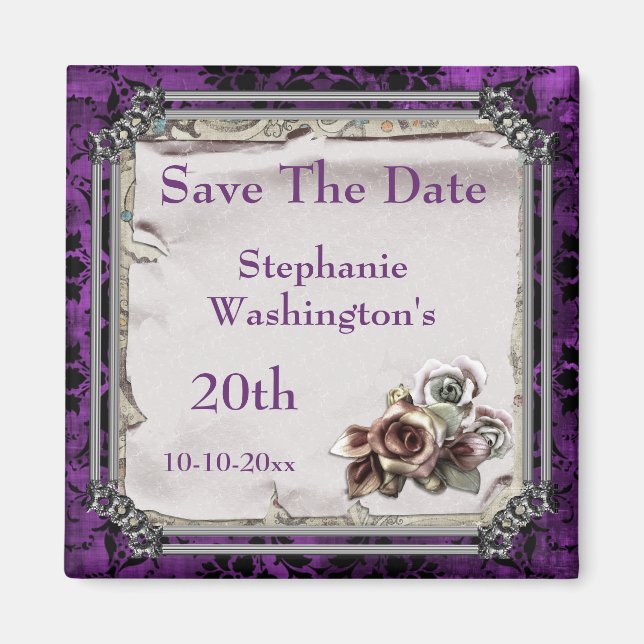 Gothic Roses & Black Damask 20th Save The Date Magnet (Front)
