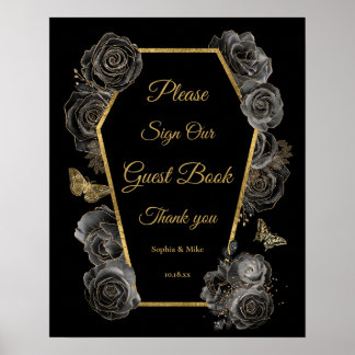 Gothic Roses Coffin Wedding Guest Book Table Sign