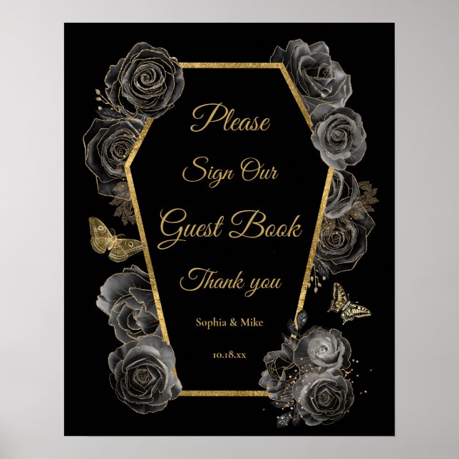Gothic Roses Coffin Wedding Guest Book Table Sign (Front)