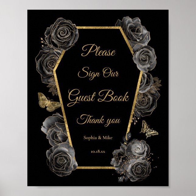 Gothic Roses Coffin Wedding Guest Book Table Sign (Front)