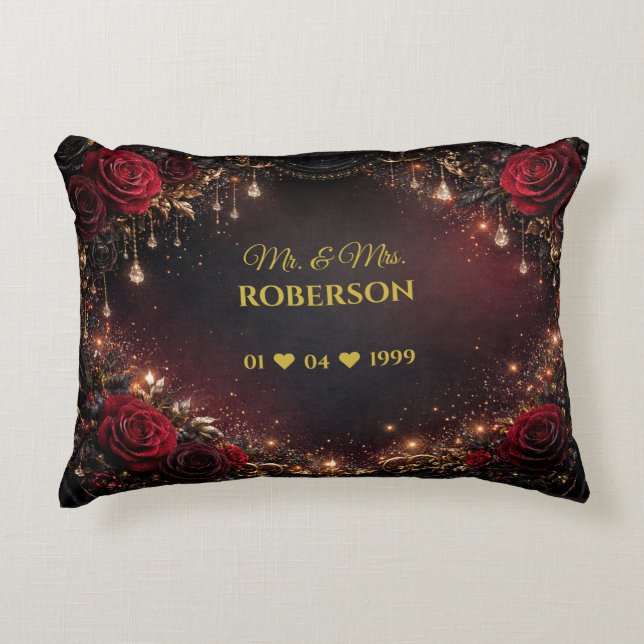 Gothic Roses Couples Name & Wedding Date Decorative Cushion (Front)