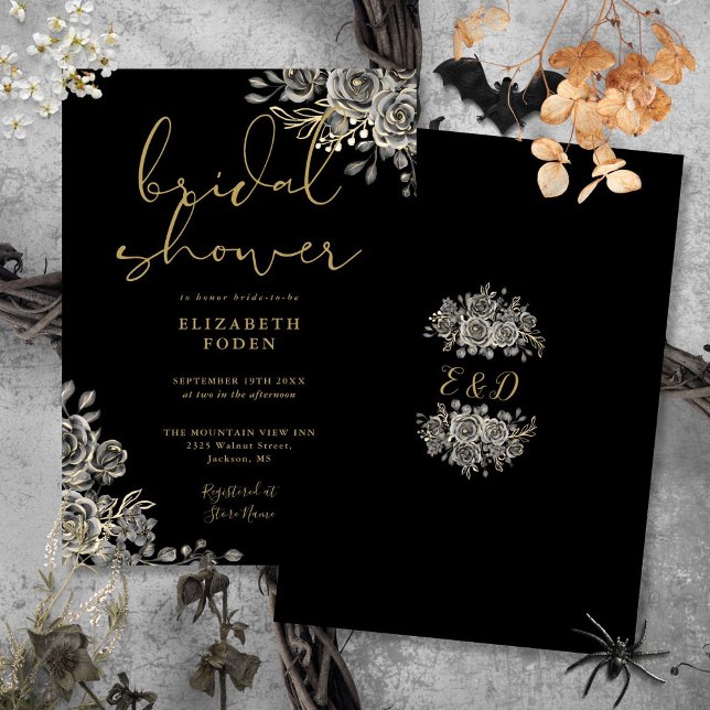 Gothic Roses Floral Black And Gold Bridal Shower Invitation (Gothic Roses Floral Black And Gold Bridal Shower Invitation)