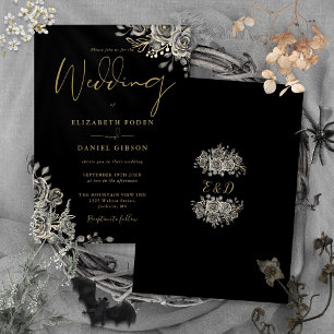 Gothic Roses Floral Black And Gold Wedding Invitation