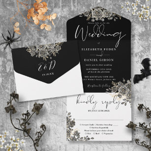 Gothic Roses Floral Black And White Wedding All In One Invitation