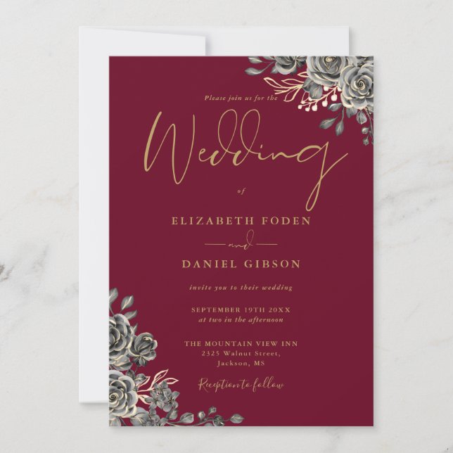 Gothic Roses Floral Burgundy And Gold Wedding Invitation (Front)