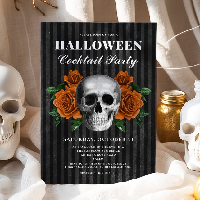 Gothic Roses Floral Skull Halloween Cocktail Party Invitation (Gothic Roses & Skull Halloween Cocktail Party Invitation)