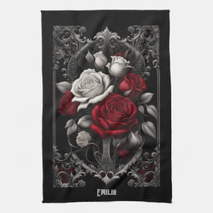 Gothic Roses in Ornate Frame Tea Towel