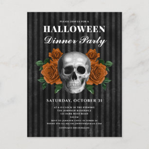 Gothic Roses & Skull Halloween Dinner Party Postcard