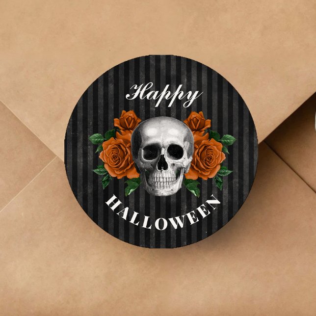 Gothic Roses & Skull Happy Halloween  Classic Round Sticker (Gothic Roses & Skull Happy Halloween Classic Round Sticker)