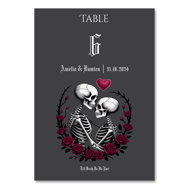 Gothic Roses Till Death Skeleton Couple Wedding Table Number (Front)
