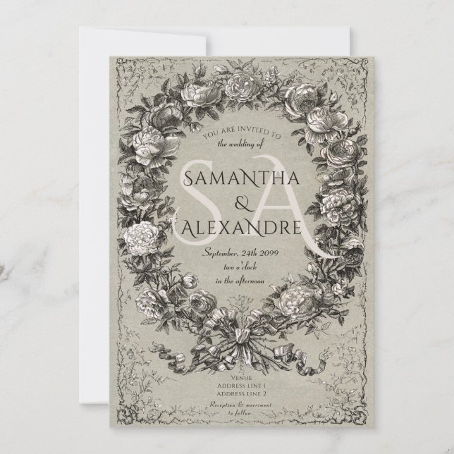 Gothic Royal Mediaeval Floral Rose Wreath Wedding Invitation (Front)