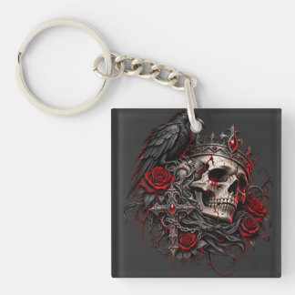 Gothic Royal Skull with Crown Raven and Red Roses Key Ring