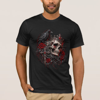 Gothic Royal Skull with Crown Raven and Red Roses T-Shirt