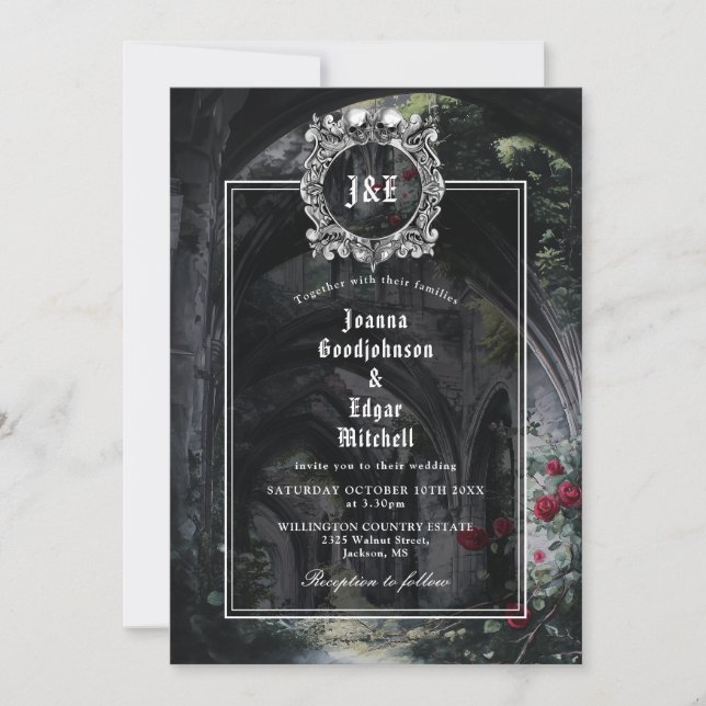 Gothic Ruins Monogram All In One QR Code Wedding Invitation (Front)