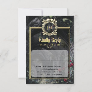 Gothic Ruins Monogram Black And Gold Wedding RSVP Card