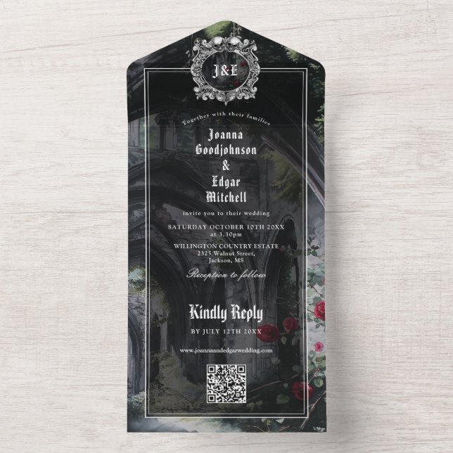 Gothic Ruins Monogram QR Code Wedding All In One Invitation (Inside)