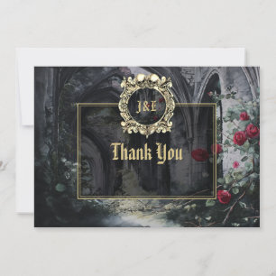 Gothic Ruins Roses Floral Black And Gold Wedding Thank You Card
