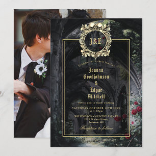Gothic Ruins Roses Floral Monogram Photo Wedding Invitation