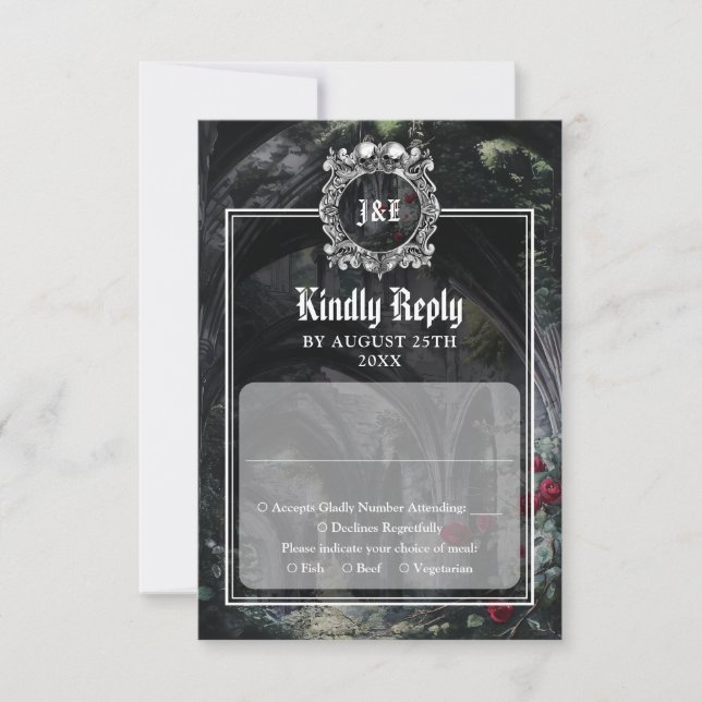 Gothic Ruins Roses Floral Monogram Wedding RSVP Card (Front)