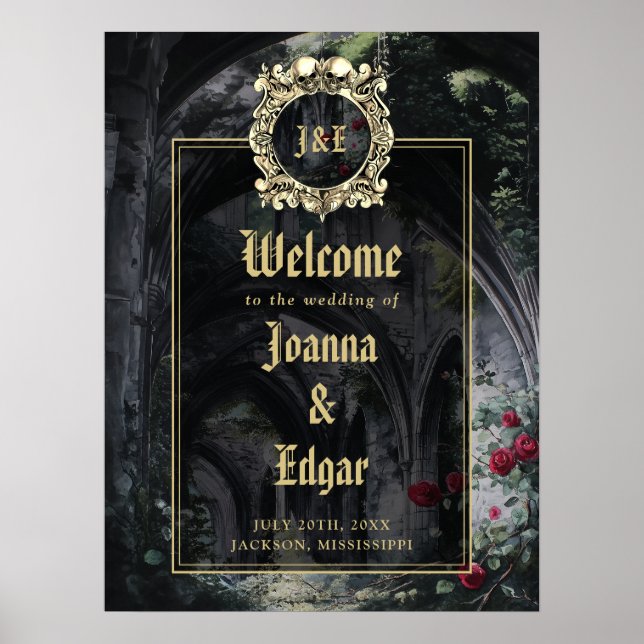Gothic Ruins Wedding Black And Gold Welcome Sign (Front)
