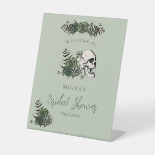 Gothic Sage Floral Skull Bridal Shower Tabletop Pedestal Sign