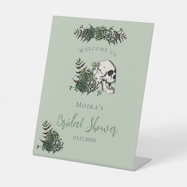 Gothic Sage Floral Skull Bridal Shower Tabletop Pedestal Sign (Front)