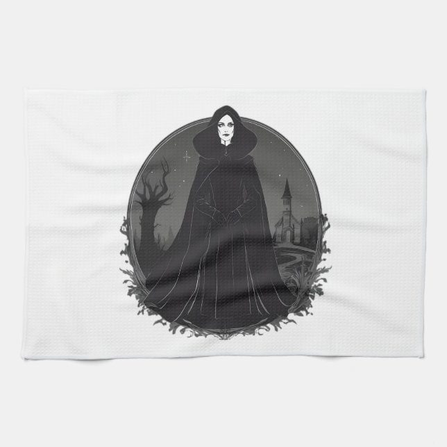 Gothic Salem Witch at Midnight Tea Towel (Horizontal)