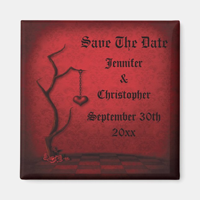 Gothic Save The Date Heart Tree & Red Damask Magnet (Front)